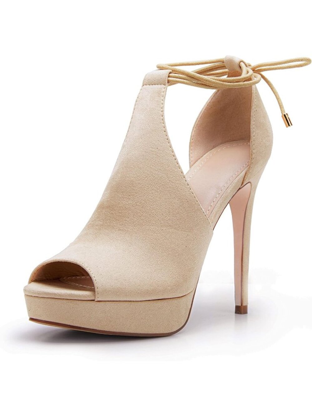 Women's Beige Faux Leather Peep Toe Strappy Lace Up Tie Stilettos Dress Sandals